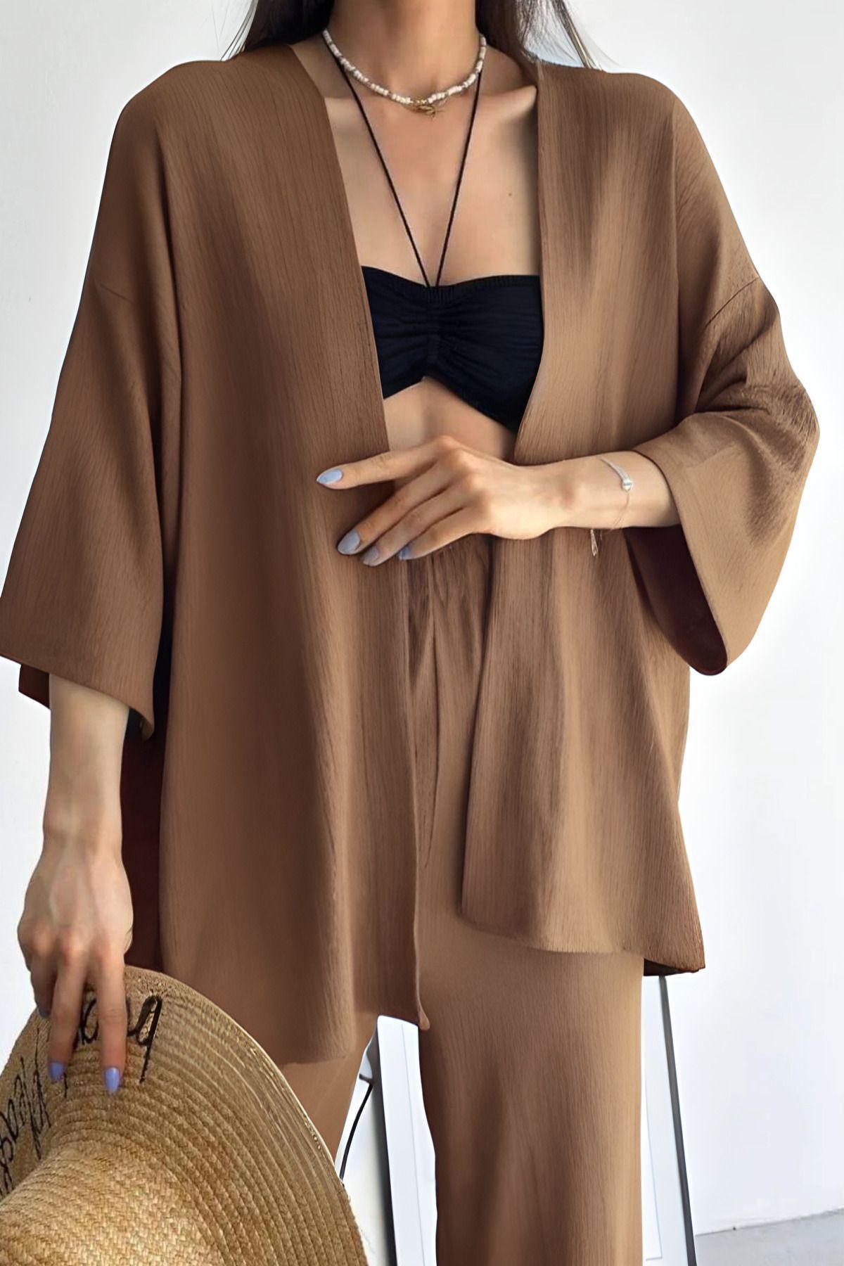 Kadın Bol Paça Palazzo Kimono Alt Üst Takım - Vizon - 2