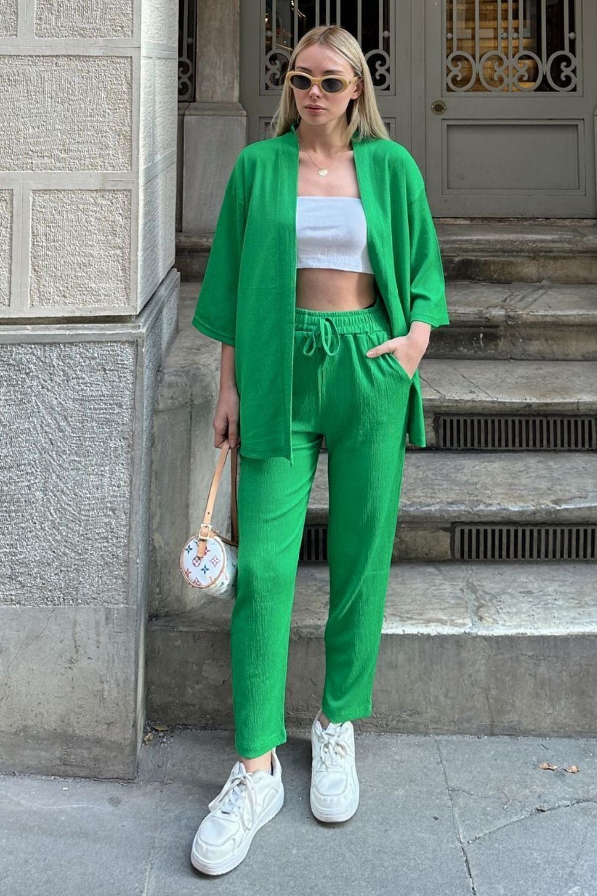 Kadın Dökümlü Bürümcük Yazlık Palazzo Trend Kimono Takım - Yeşil - 4
