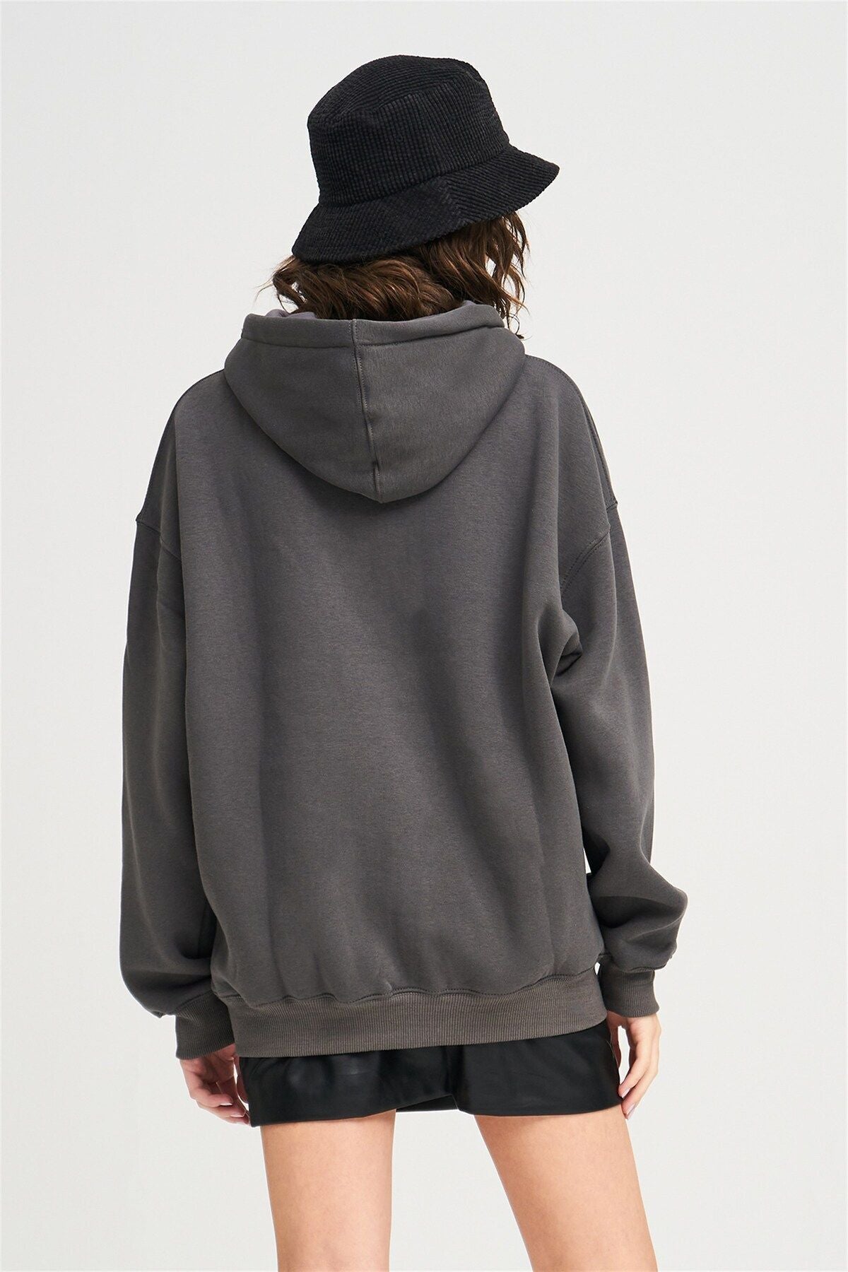 Unisex Kapşonlu Kanguru Cep 3 İ̇plik Uzun Kollu Sweatshirt Hoodie - Füme - 6