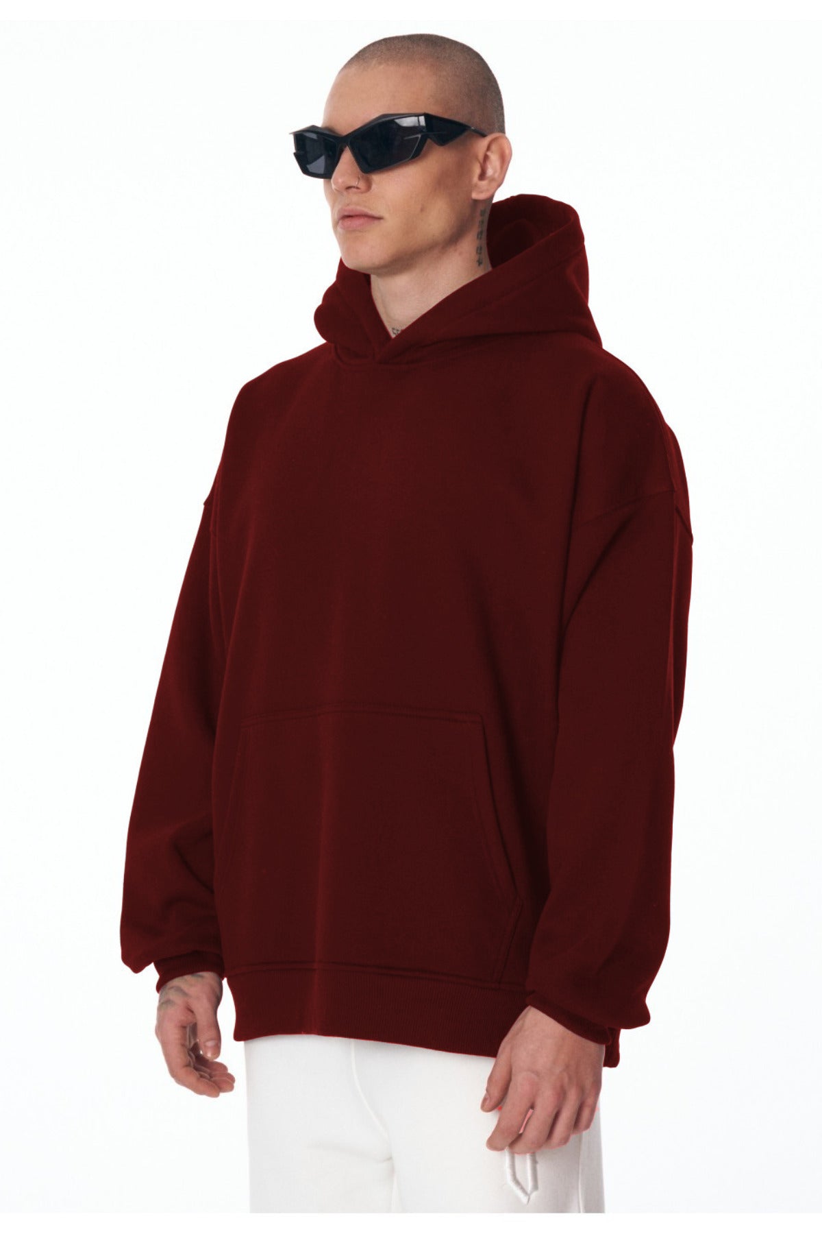 Erkek Bol Kesim Oversize 3 İ̇plik İ̇çi Pamuklu Şardonlu Kanguru Cep Kapşonlu Kışlık Hoodie Sweatshirt - Bordo - 2