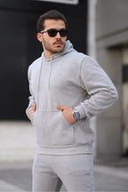 Erkek Bol Oversize 3 İ̇plik İ̇çi Pamuklu Kanguru Cep Kapşonlu Lastikli Paça Jogger Kış Eşofman Takımı - Gri - 3