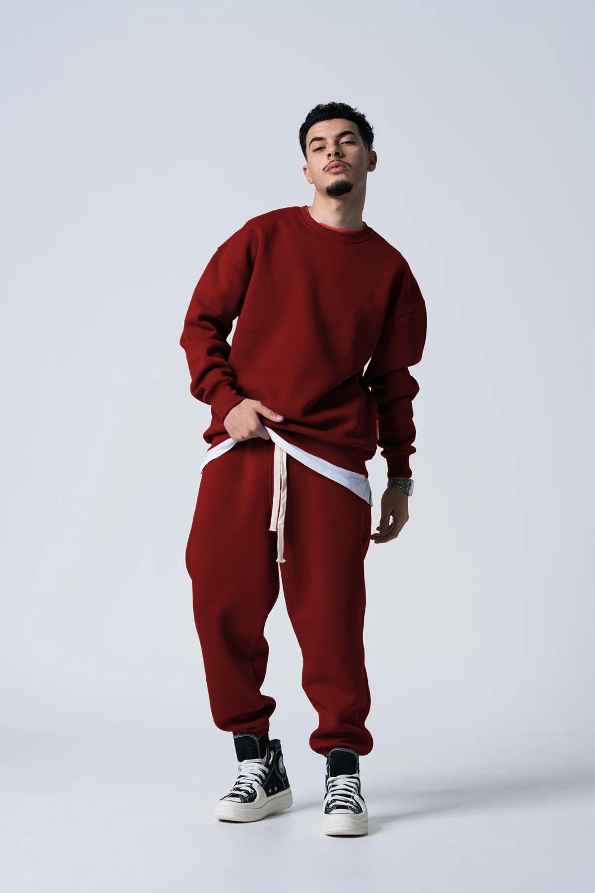 Basic Erkek Bisiklet Yaka Sweat Ve Eşofman Takım - Bordo - 1