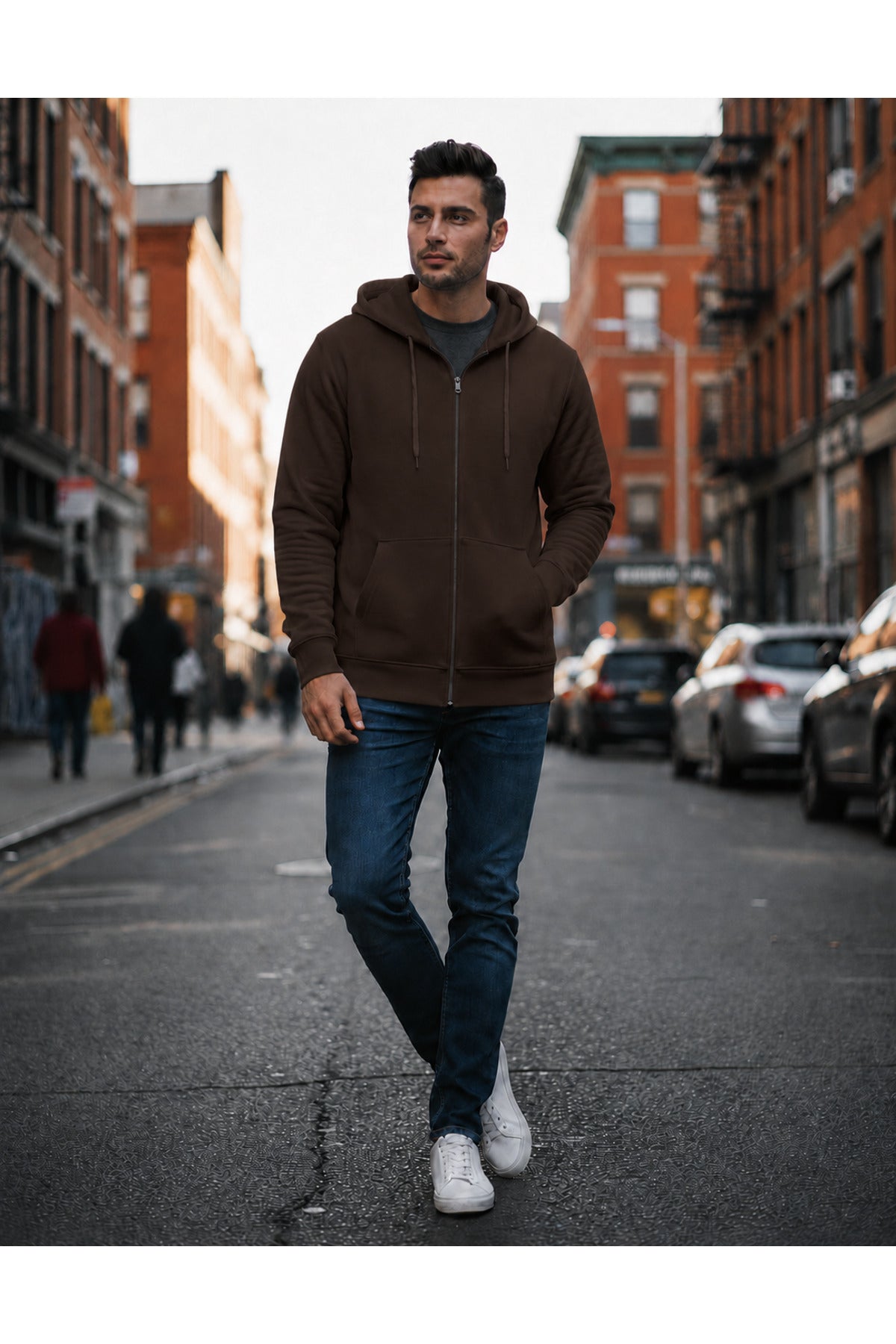 Erkek 3 İ̇pli̇k Şardonlu Oversi̇ze Fermuarli Sweatshirt Hirka - Kahverengi - 2
