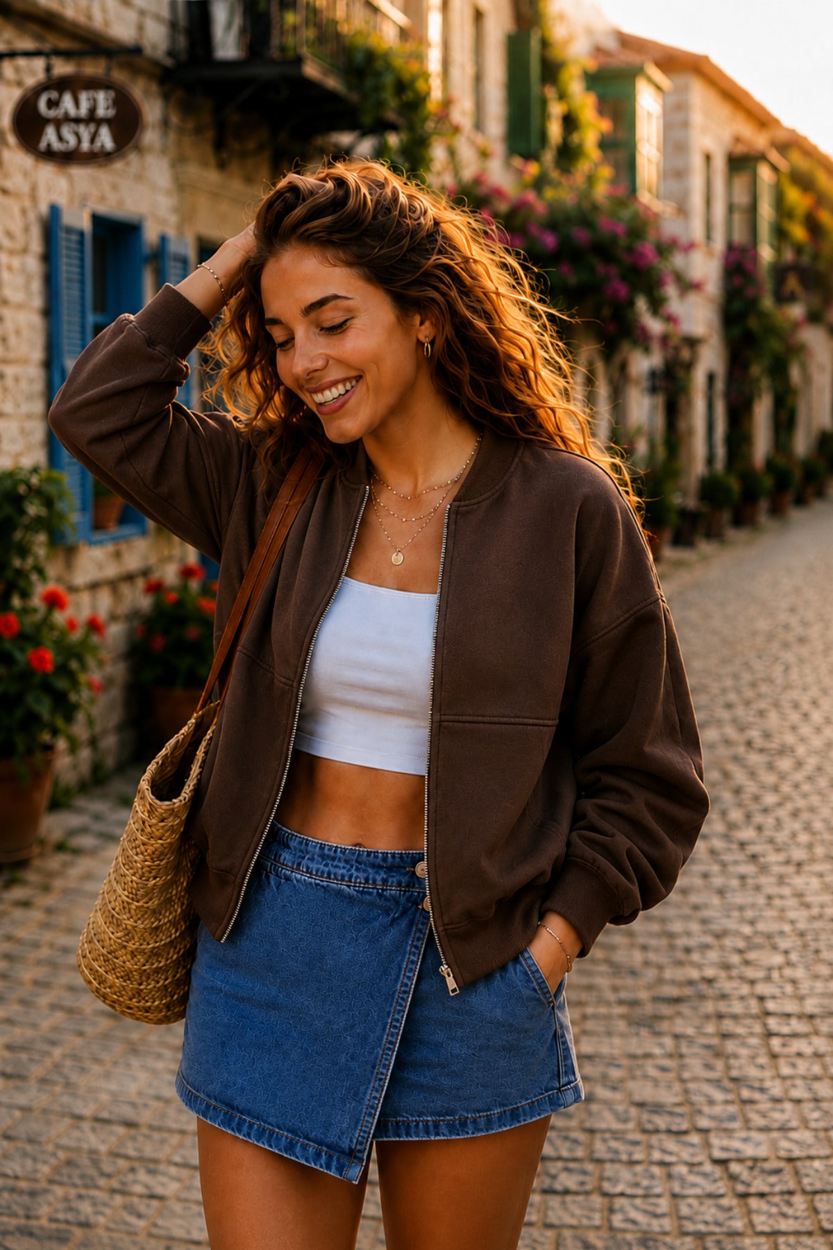 Kadın Fermuarlı Oversize Bomber Basic Mevsimlik Günlük Ceket - Kahverengi - 3