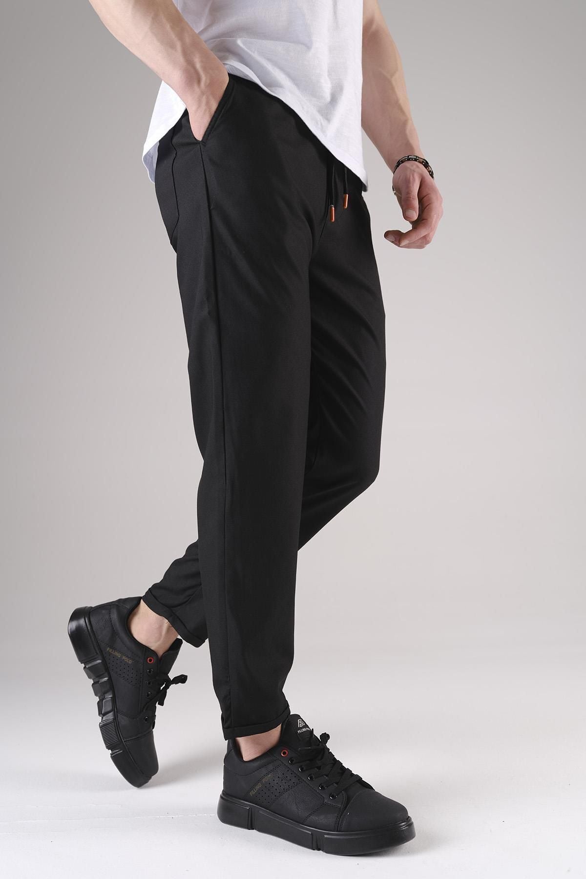 Erkek Duble Paça Bi̇lek Boy Dokuma Kumaş Beli̇ Lasti̇kli̇ Jogger Pantolon - Siyah - 3