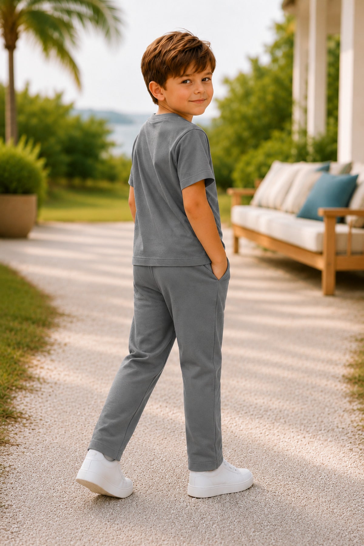 Çocuk Unisex Kısa Kollu Oversıze Beli Bağlamalı Likralı Modern Rahat Kesim Günlük Alt Üst Takım - Füme - 3