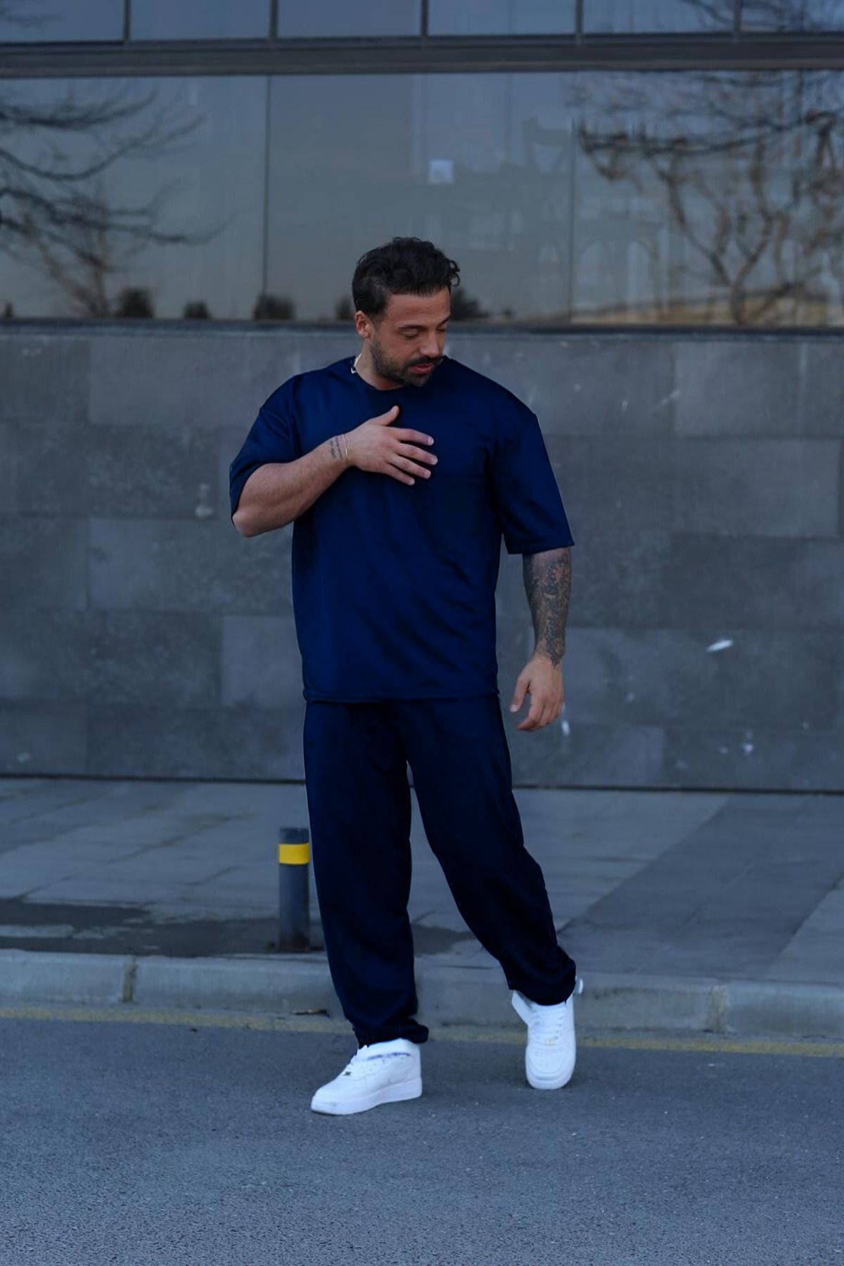 Erkek Lacivert Batik Gündelik Kısa Kollu T-shirt Pijama Takımı - Lacivert - 3