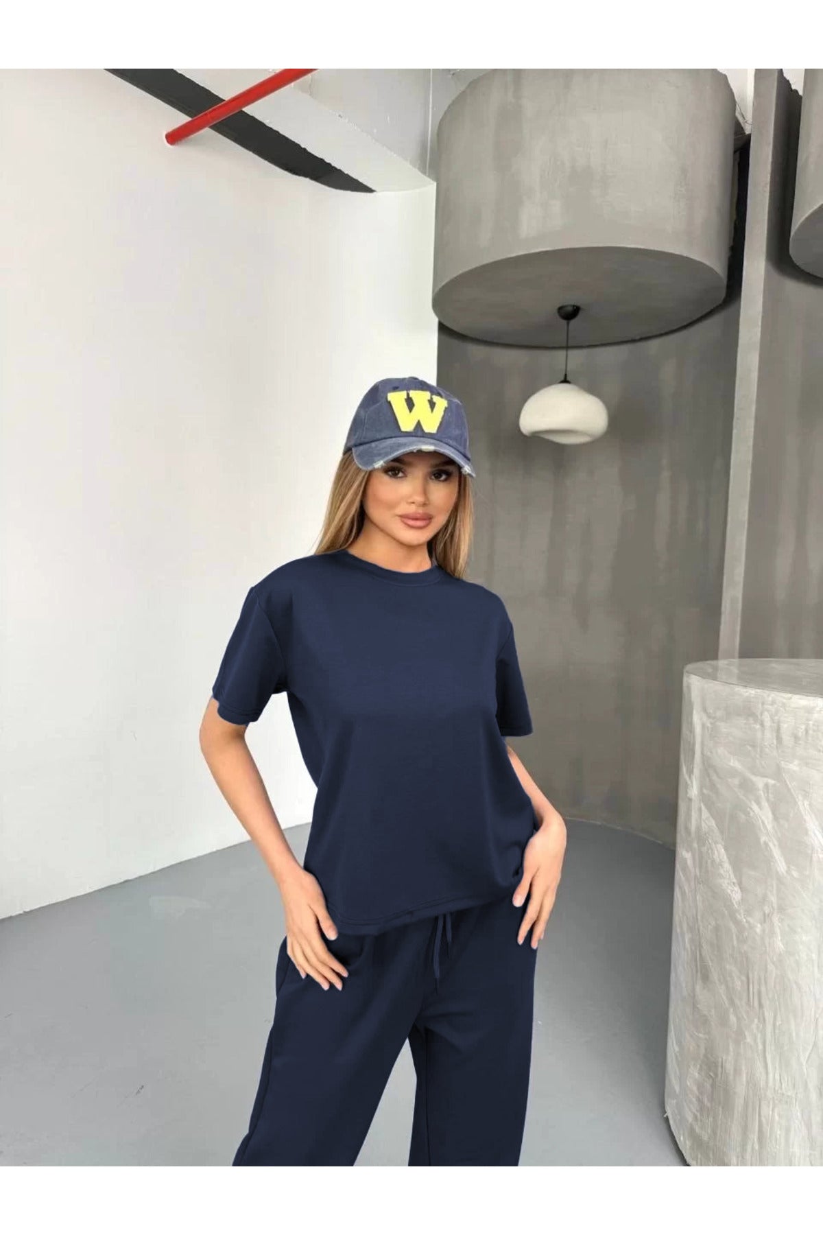 Kadın Modal Oversize Bol Paça Yüksek Bel 2 İ̇plik Alt Üst Takım - Lacivert - 3