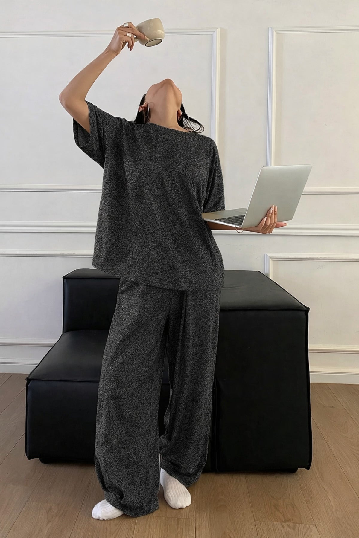Kadın Bisiklet Yaka Yazlık Kısa Kollu Pijama Takımı - Antasit Melanj - 4
