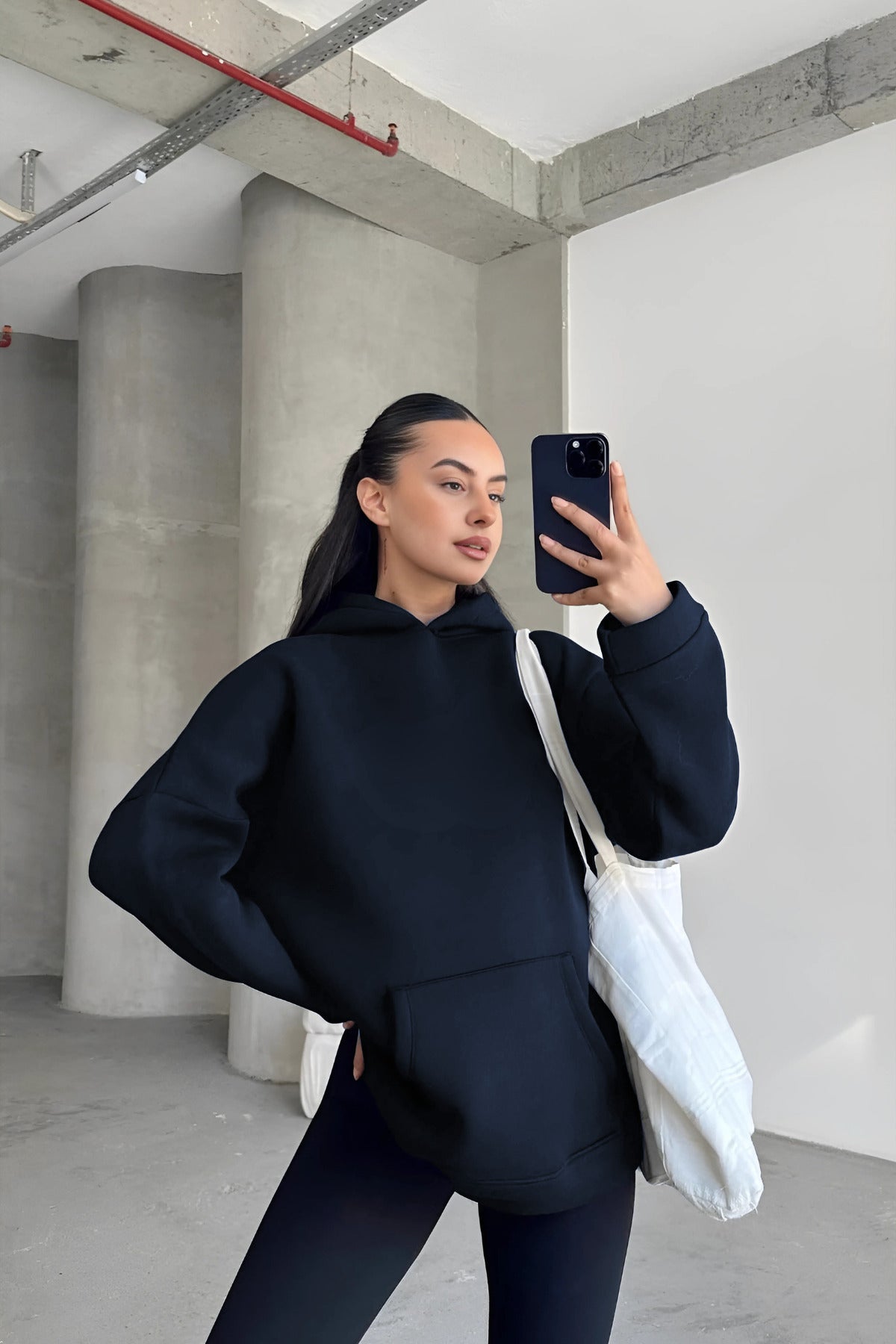Kadın Kapşonlu Sweatshirt - Lacivert - 2