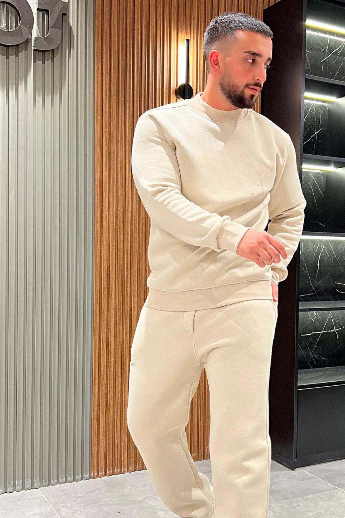 Erkek Kalın Rahat Kalıp Bisiklet Yaka Eşofman Takımı - Bej - 2