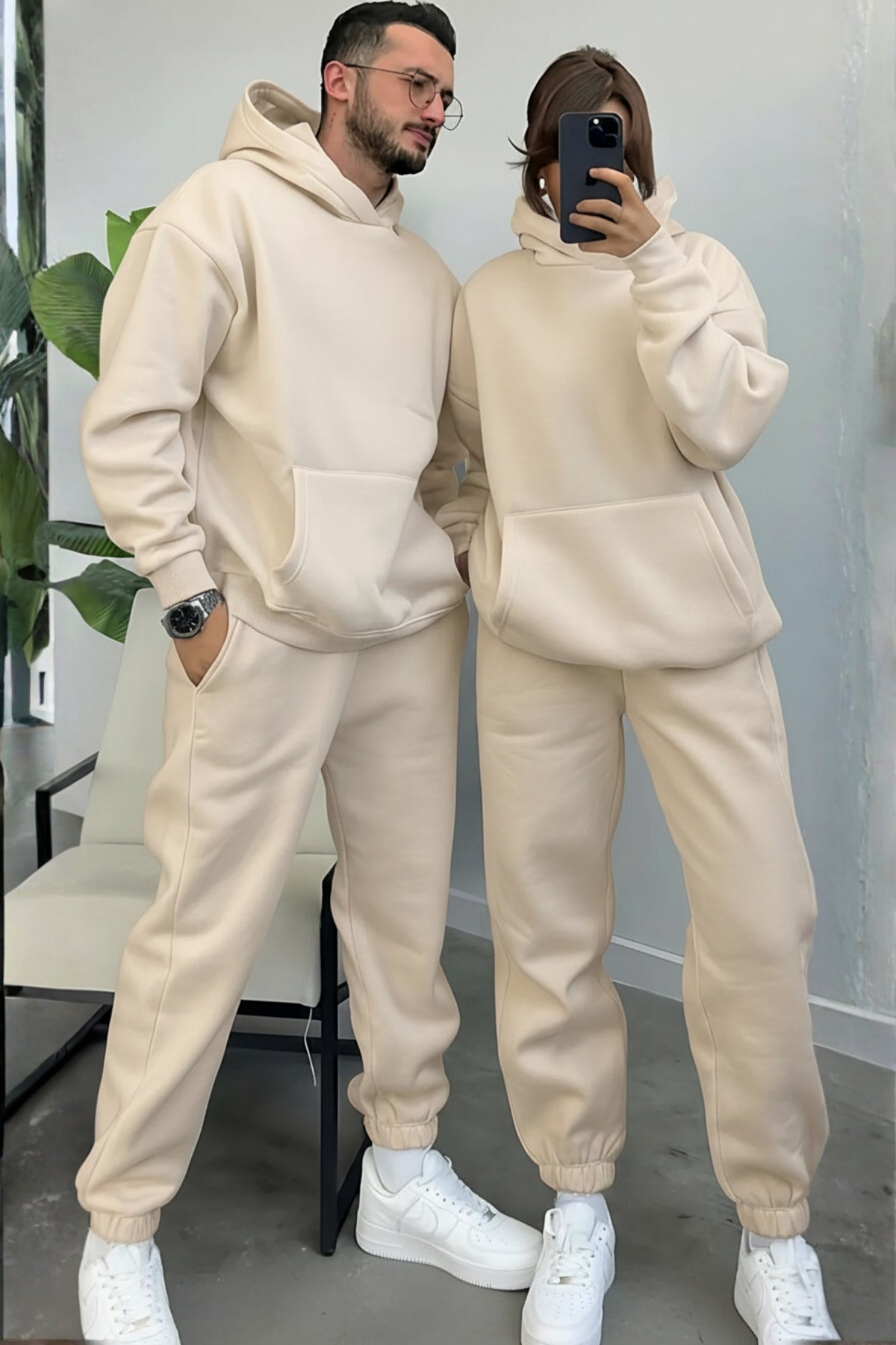 Kadın Erkek Trend Model Çiftlere Özel 3 İplik Oversize Kışlık Kalın Eşofman Takımı (tekli̇) - Açık Bej - 1