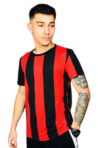 Erkek Slim Fit Kırmızı Siyah Çizgili Spor T-shirt - Kırmızı - 1