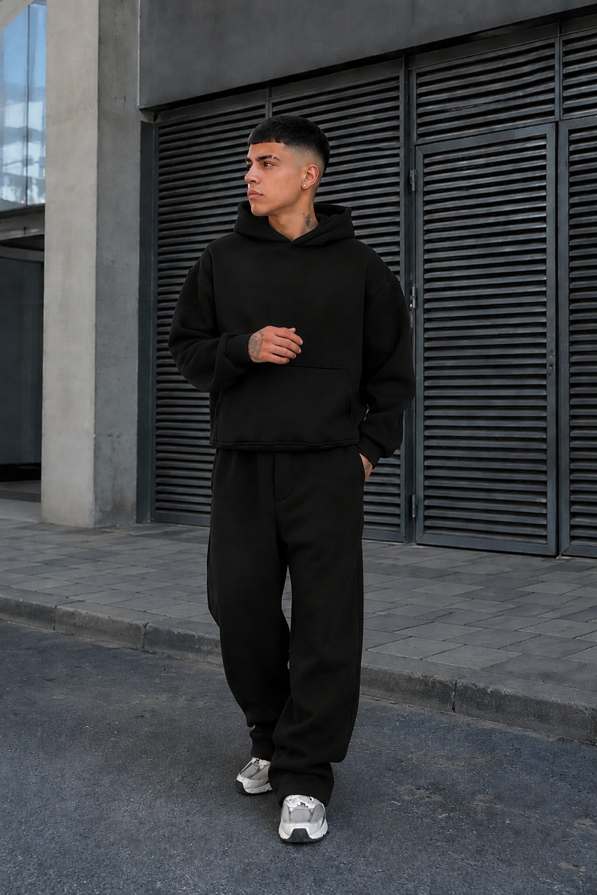 Erkek Premium Oversize Hoodie Eşofman Takımı Unisex Mevsimlik Rahat Eşofman Takımı - Siyah - 3