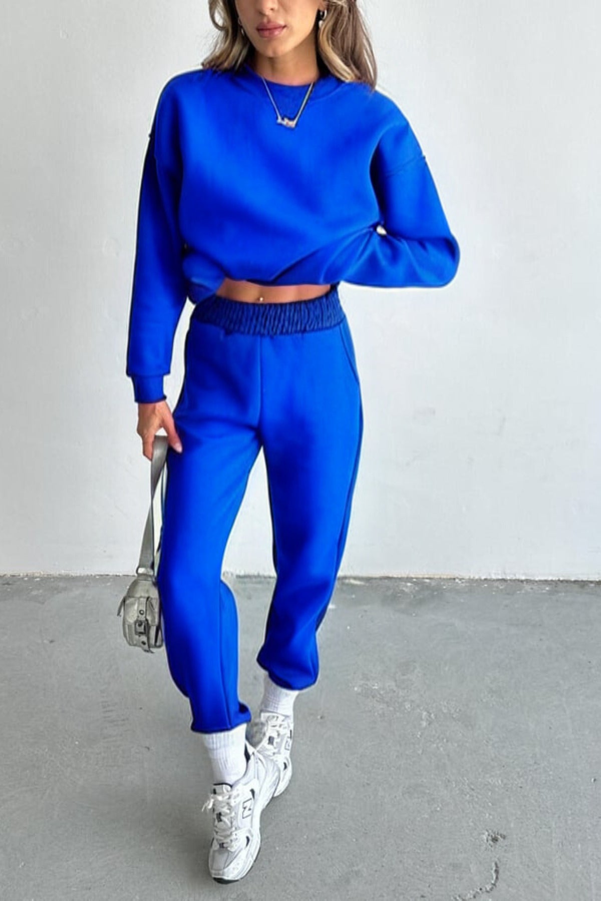 Kadın Oversize Geniş Kalıp Basic Pamuklu Eşofman Takıım - Saks Mavisi - 2