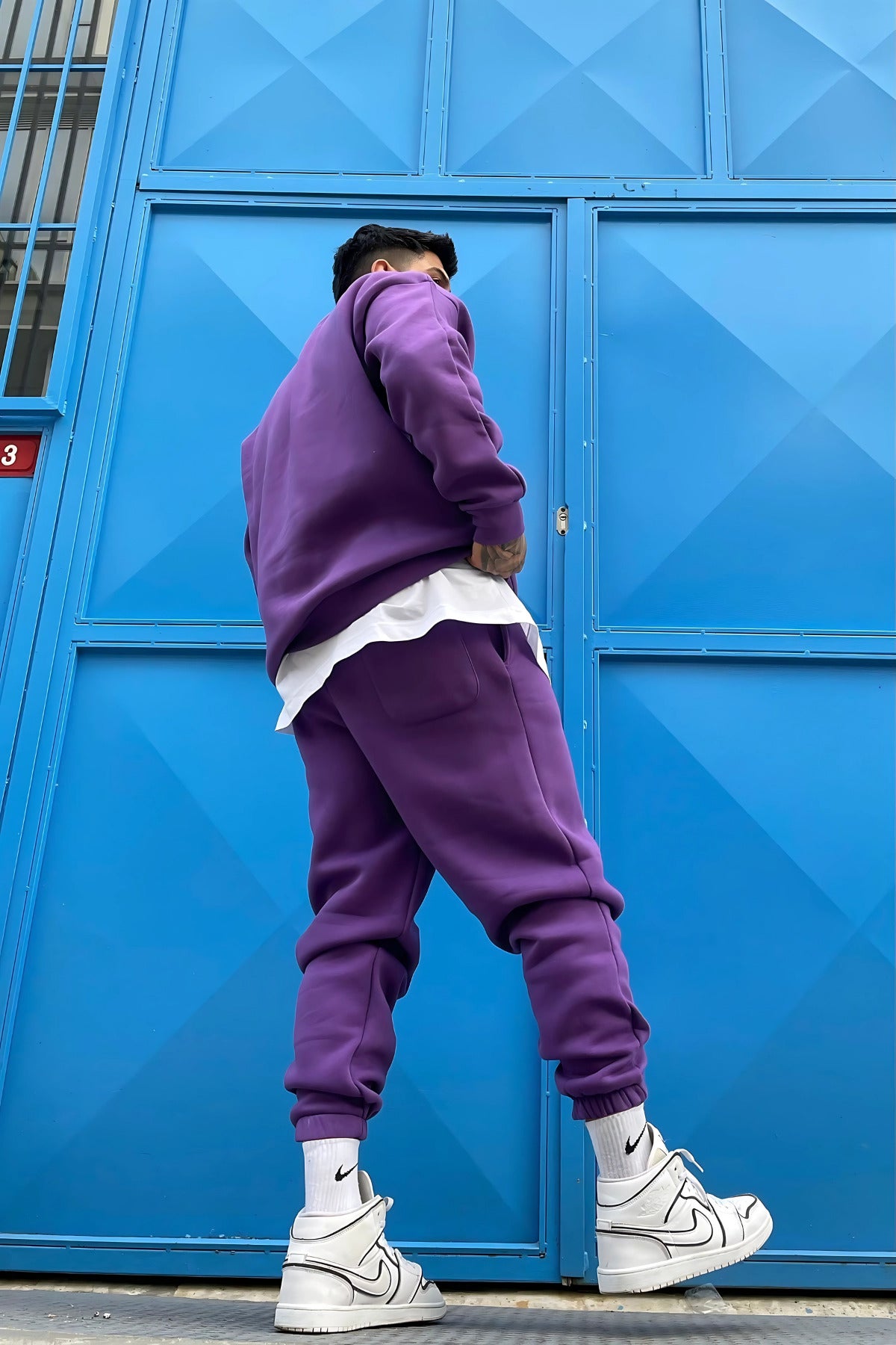 Oversize Pamuklu Kalın Bisikletyaka Eşofman Takımı - Mürdüm Melanj - 2