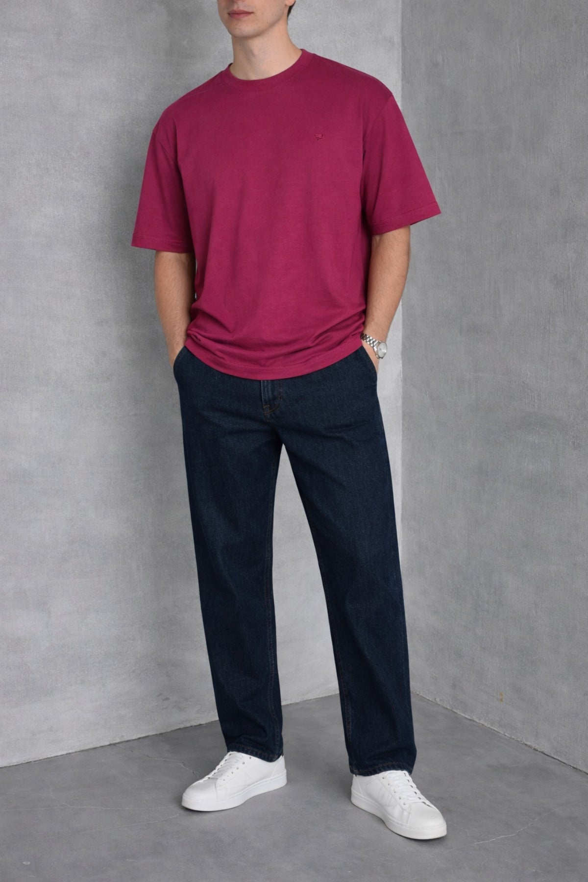 Erkek Siyah Basic Oversize Tişört Rahat Kalıp Düz Minimal Pamuklu Günlük T-shirt - Kırmızı - 3