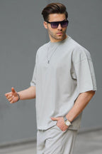 Erkek Oversize Penye Nefes Alan T-shirt - Gri - 2