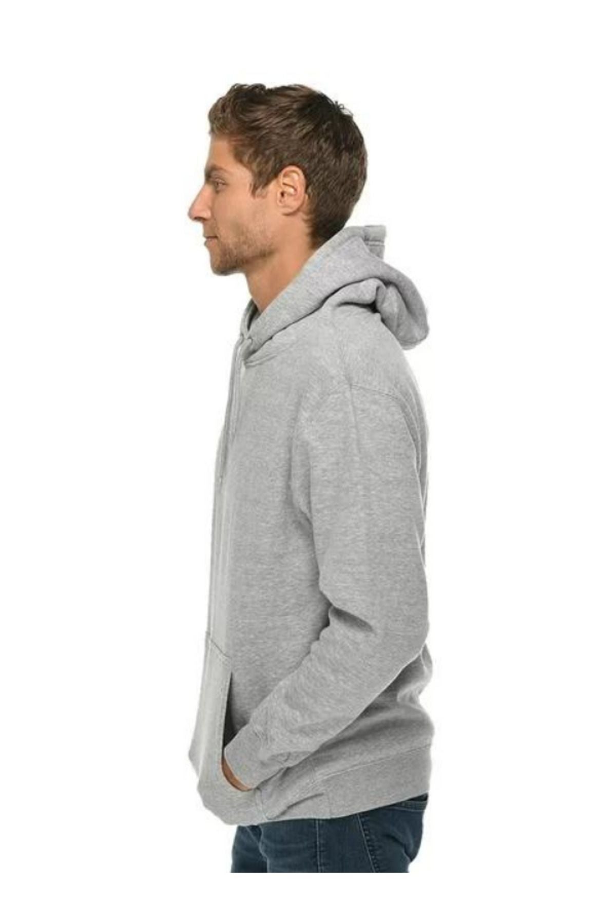 Unisex Gri Baskısız Kanguru Cepli Kapüşonlu 3 İ̇plik Şardonlu Sweatshirt Oversize Hoodie - Gri - 4