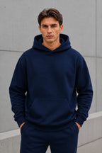 Erkek Oversize Kapüşonlu Sweatshirt Basic Hoodie Cepli - Lacivert - 4