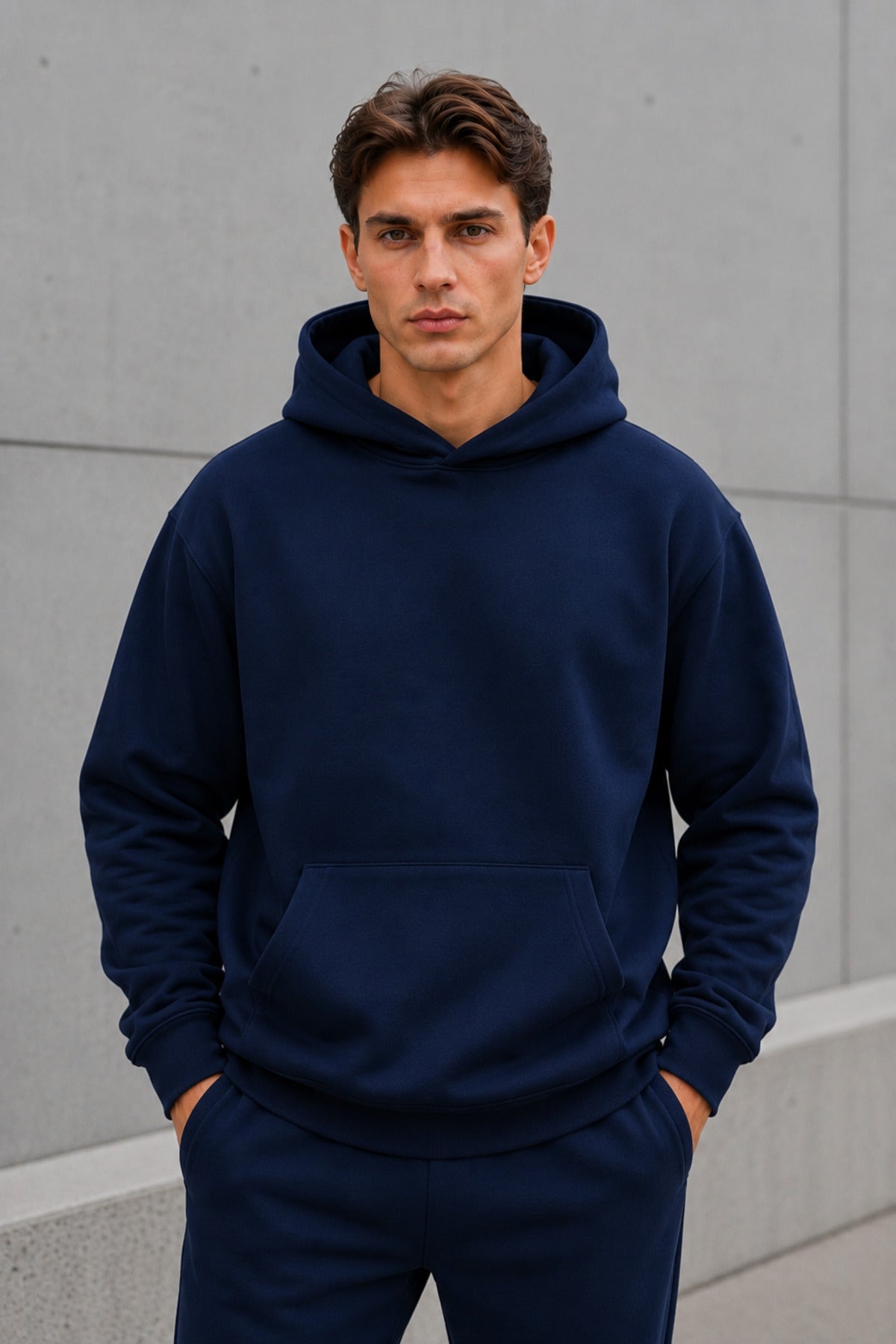 Erkek Oversize Kapüşonlu Sweatshirt Basic Hoodie Cepli - Lacivert - 4