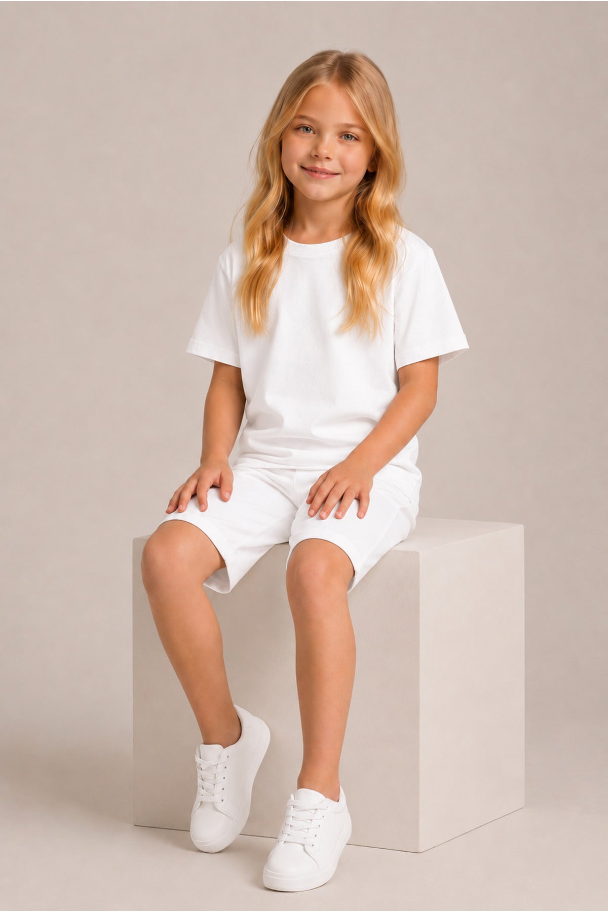 Çocuk Kısa Kollu Baskısız Basic Oversıze Geniş Kalıp Beli Bağlamalı Esnek 1-10 Yaş Arası Yaz Sezonu Sportif T-shirt / Şort Takım - Beyaz - 2