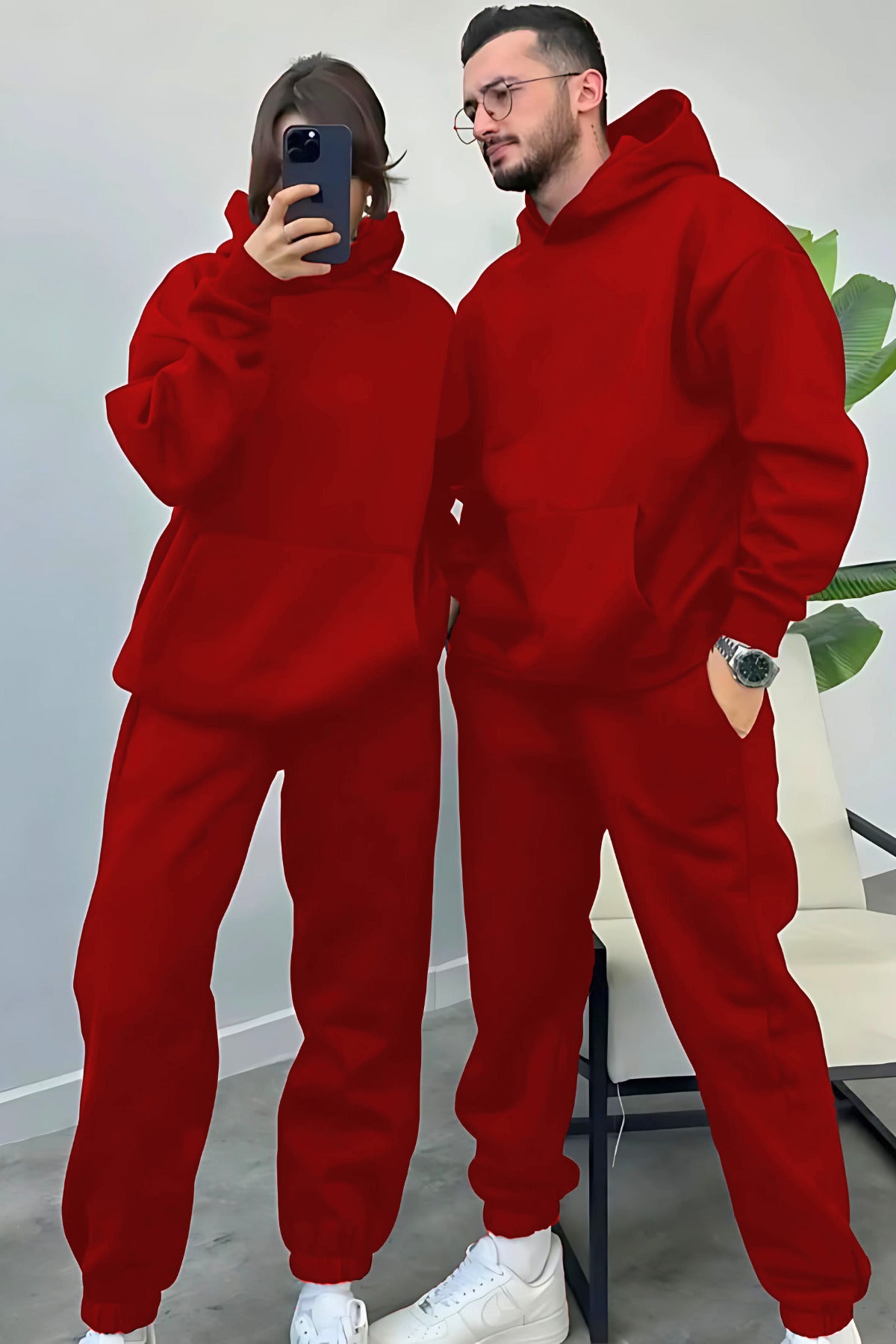 Kadın Erkek Trend Model Çiftlere Özel 3 İplik Oversize Kışlık Kalın Eşofman Takımı (tekli̇) - Kırmızı - 2
