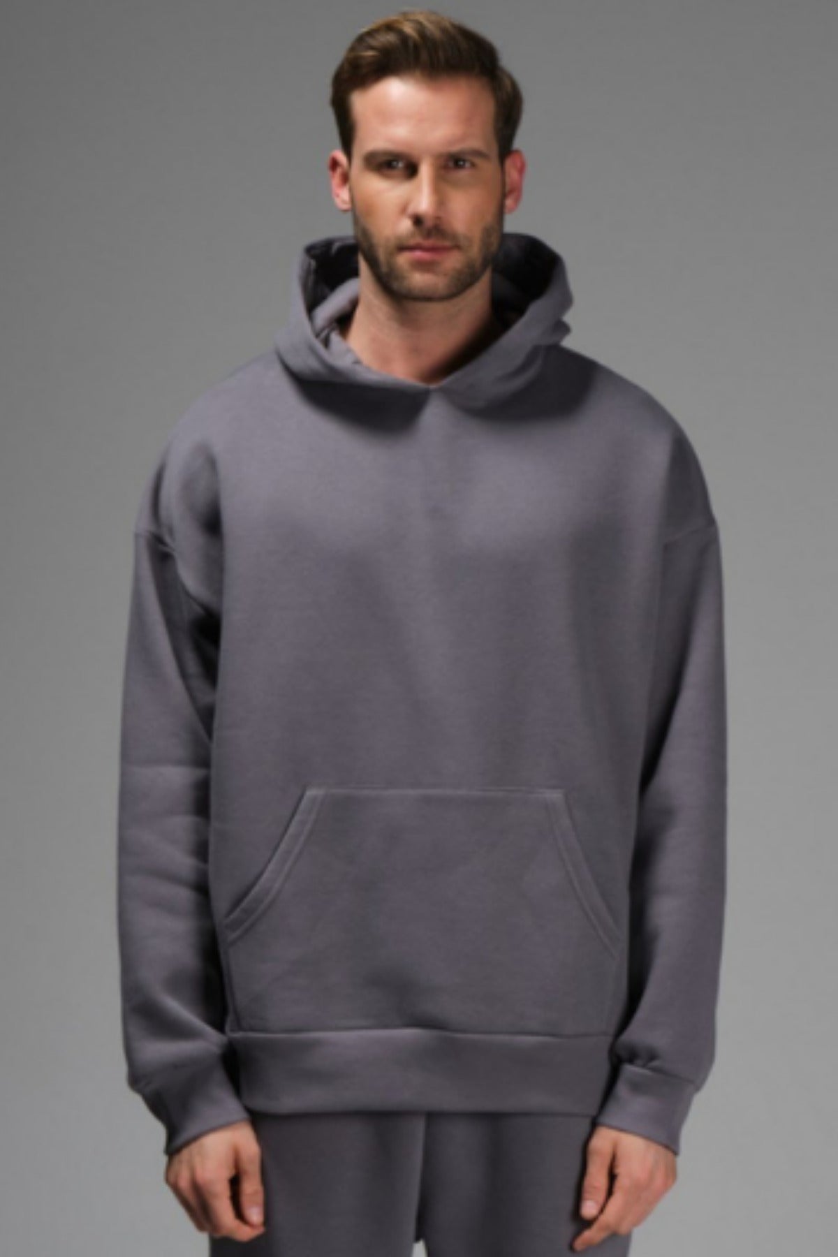 Erkek Rahat Kalıp Spor Ve Günlük Kapşonlu Sweatshirt - Füme - 1