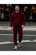 Erkek 3 İ̇pli̇k Kapüşonlu Jogger Lasti̇k Paça Eşofman Takimi - Bordo - 1