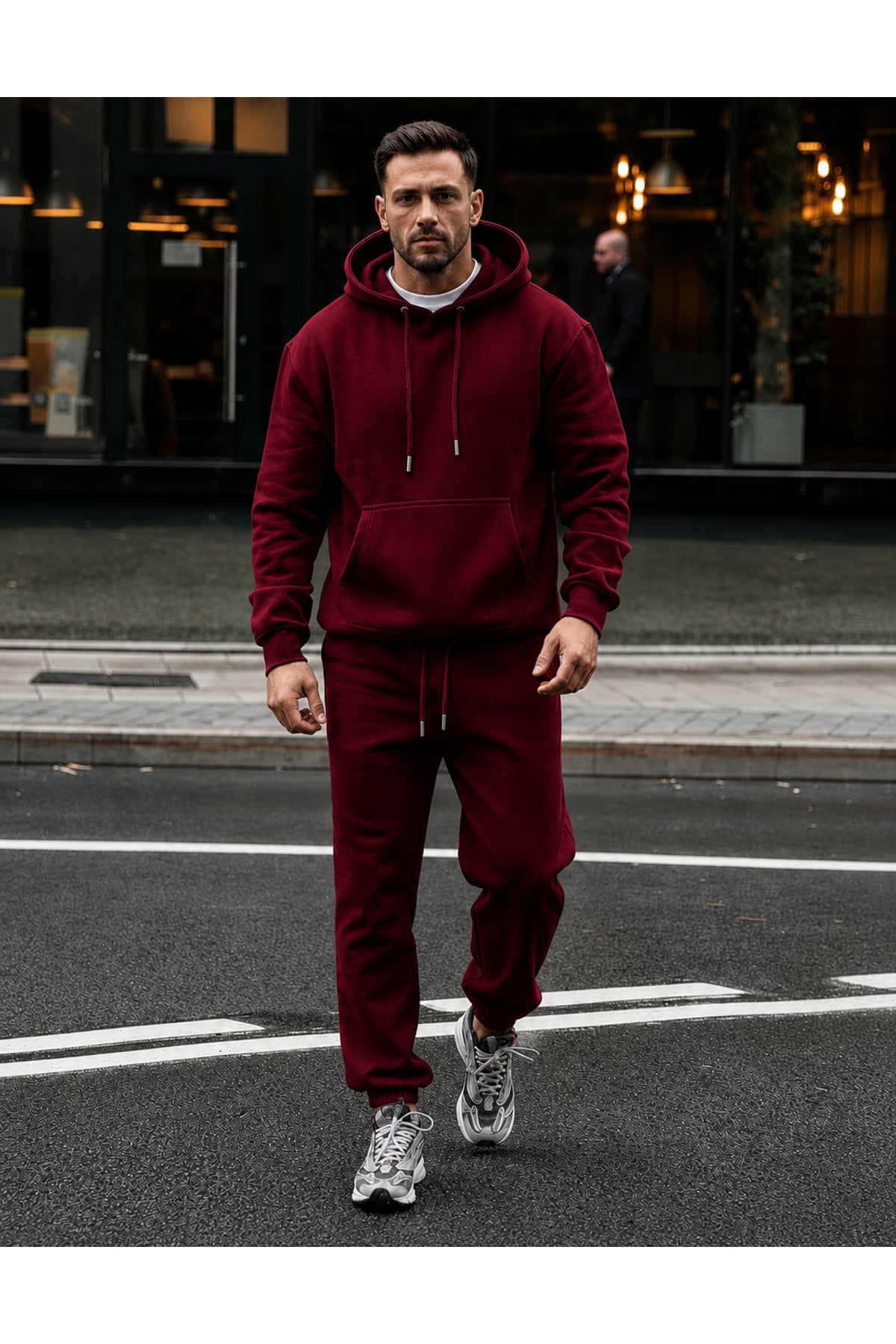 Erkek 3 İ̇pli̇k Kapüşonlu Jogger Lasti̇k Paça Eşofman Takimi - Bordo - 1
