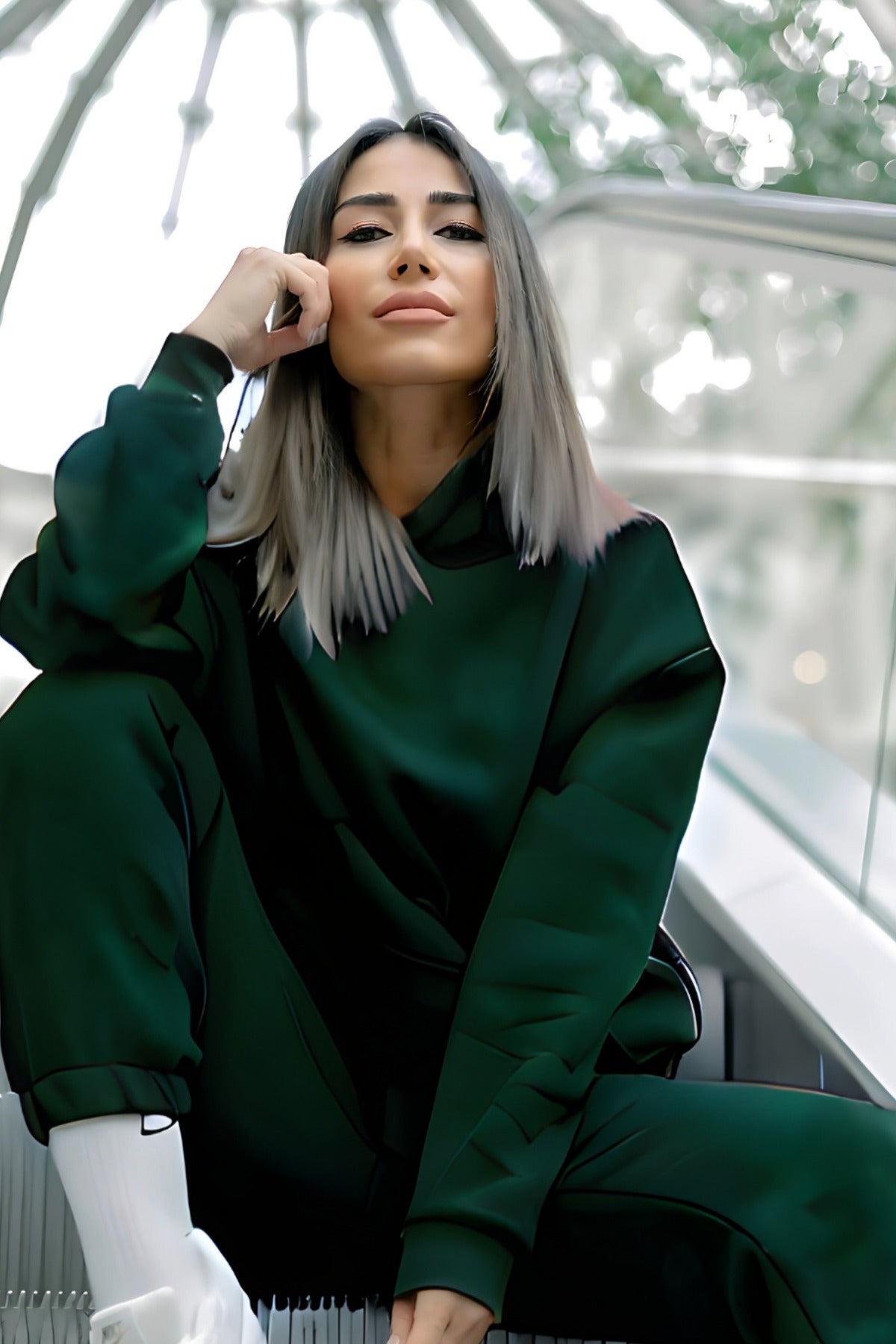 Kadın Pamuklu Bisiklet Yaka Sweatshirt - Yeşil - 1