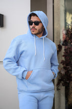 Erkek Bol Kesim Oversize 3 İ̇plik İ̇çi Pamuklu Şardonlu Kanguru Cep Kapşonlu Kışlık Hoodie Sweatshirt - Bebe Mavisi - 3