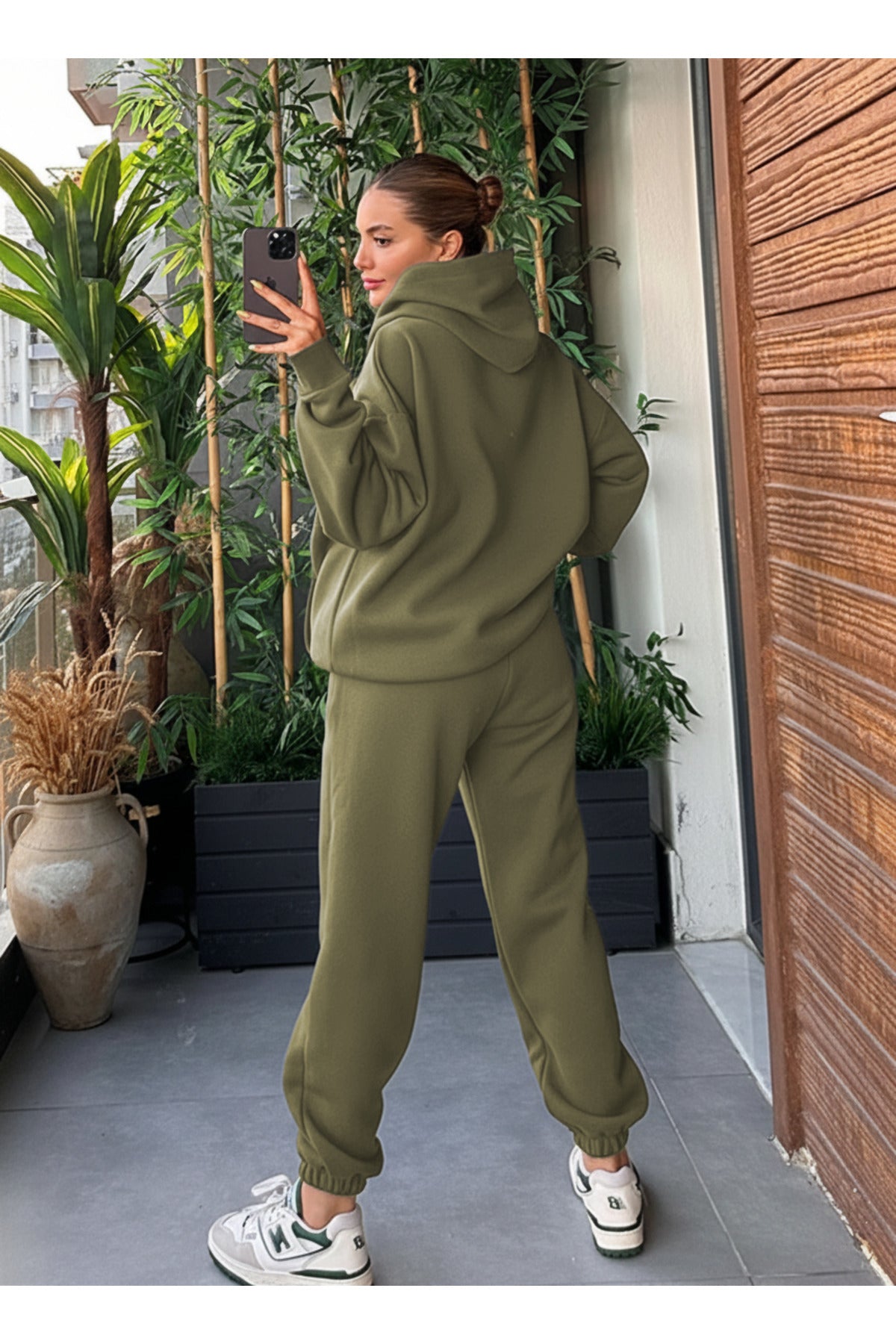 Kadin Kalin Comfort Sweatshi̇rt Yüksek Bel Eşofman Takimi - Açık Haki - 3
