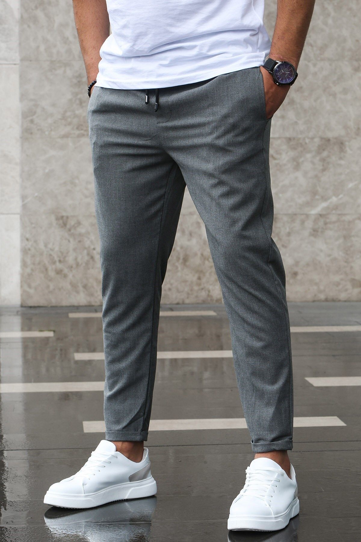 Erkek Beli Lastikli Likralı Duble Tarz Jogger Kumaş Pantolon - Gri - 2