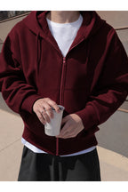 Erkek 3 İ̇pli̇k Fermuarli Kapüşonlu Oversi̇ze Rahat Sweatshirt Hirka - Bordo - 2