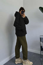 Kadın Kapşonlu Sweatshirt Jogger Eşofman Takımı - Siyah - 2