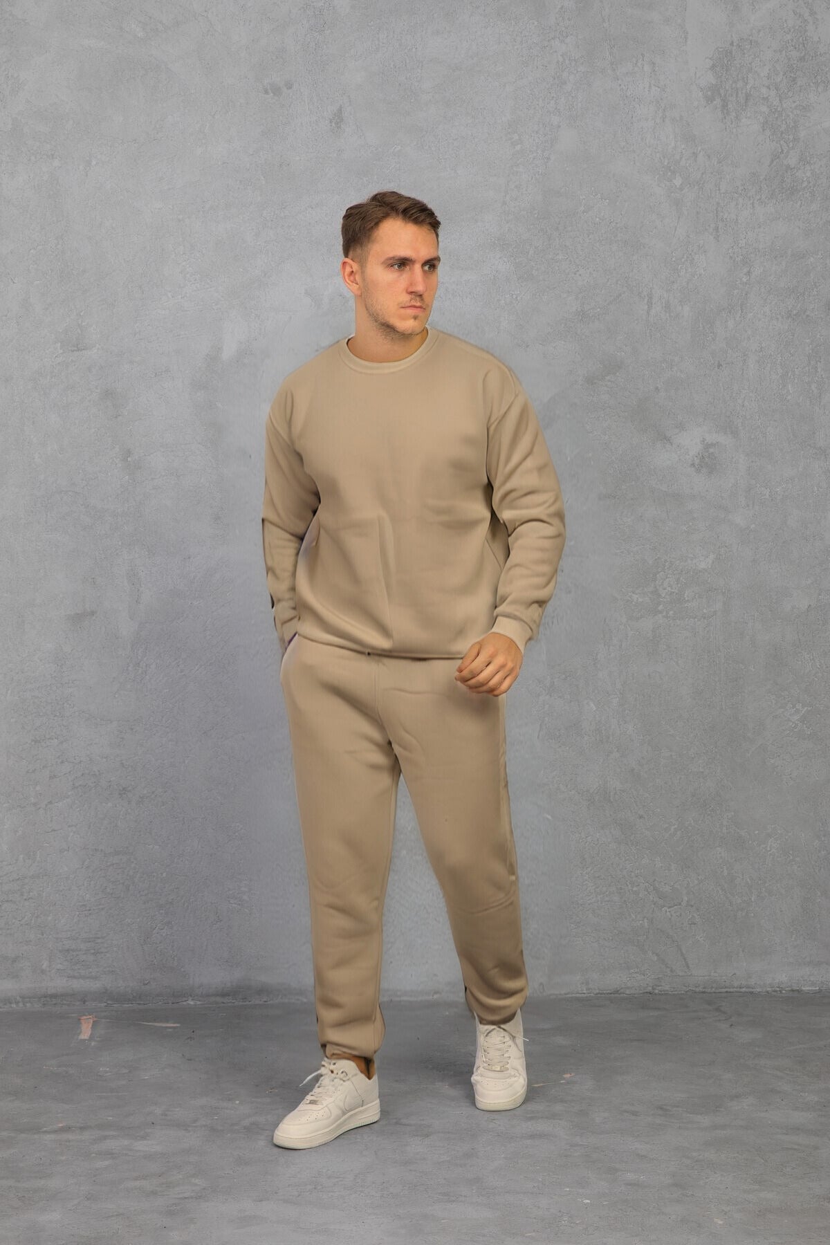 Erkek Bisiklet Yaka Oversize Salaş Bol Eşofman Takımı - Vizon - 2