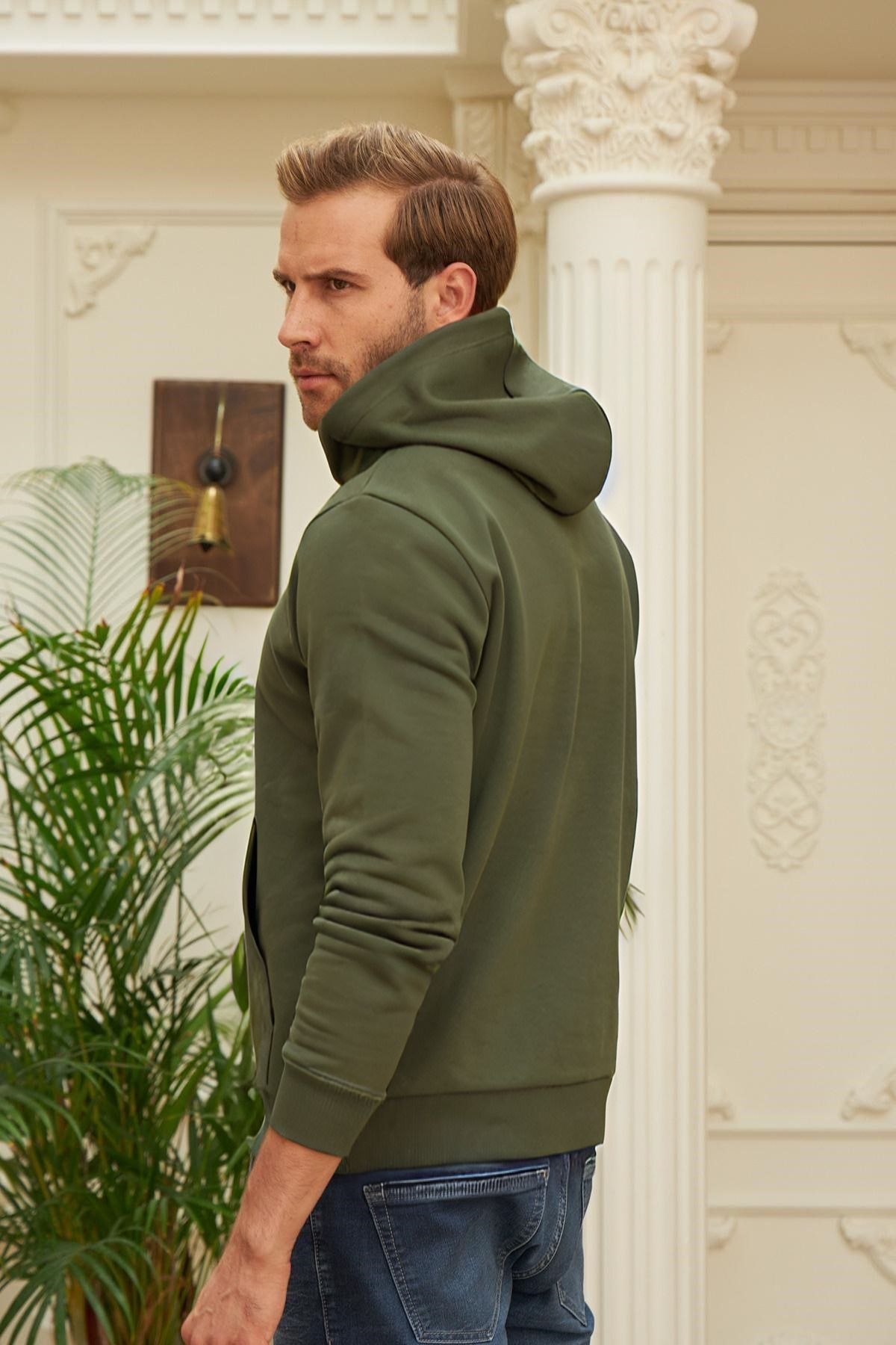 Erkek Kapşonlu Kanguru Cep Basic Sweatshirt - Haki - 5