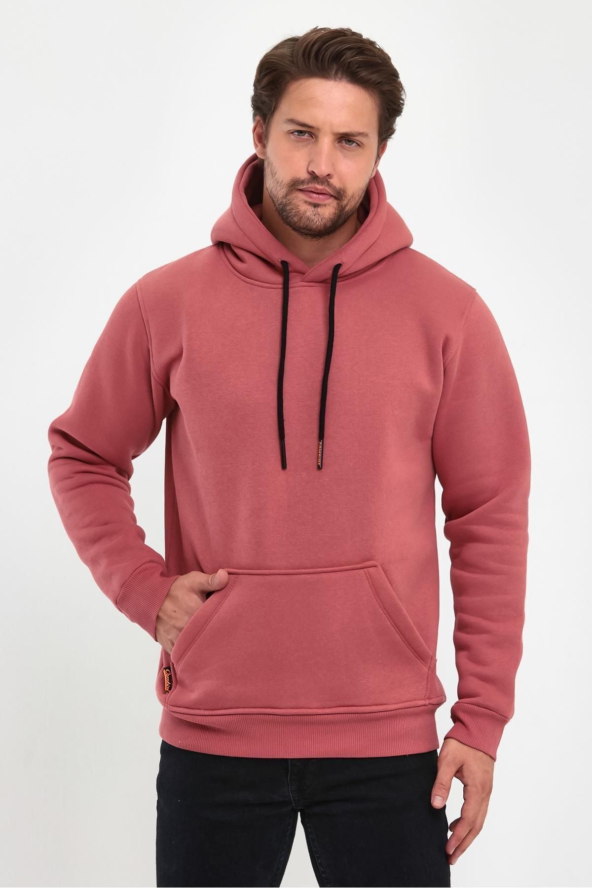 Erkek Kapşonlu Kanguru Cep Sweatshirt - MÜRDÜM - 5