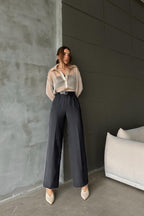 Kadın Yüksek Bel Palazzo Dokuma Kumaş Pantolon - Füme - 2