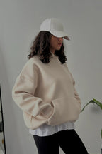 Kadın Kapşonlu Kalın Kanguru Cepli Sweatshirt - Bej - 4