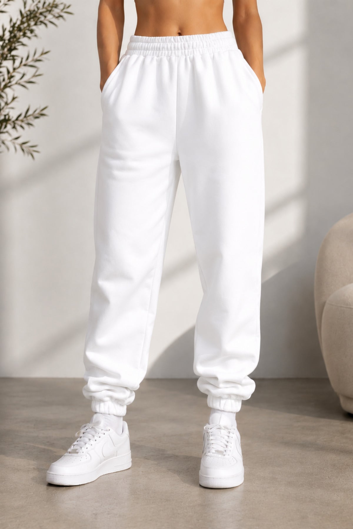 Kadın Paçası Lastikli Günlük Oversize Basic Jogger Eşofman Altı - Beyaz - 1