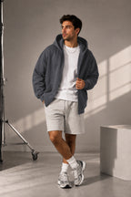 Erkek Mevsimlik Kapşonlu Basic Oversize Hırka - Füme - 2