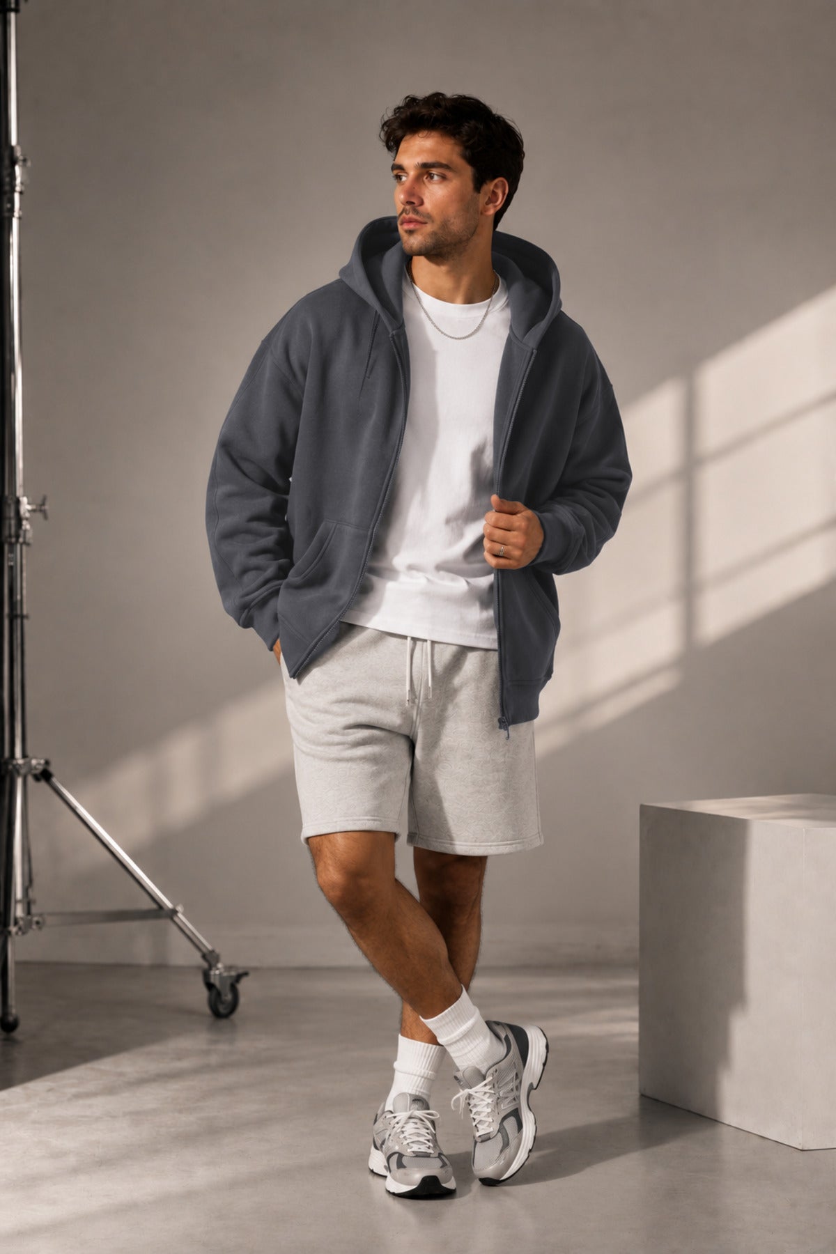 Erkek Mevsimlik Kapşonlu Basic Oversize Hırka - Füme - 2