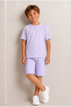 Çocuk Kısa Kollu Baskısız Basic Oversıze Geniş Kalıp Beli Bağlamalı Esnek 1-10 Yaş Arası Yaz Sezonu Sportif T-shirt / Şort Takım - Lila - 6