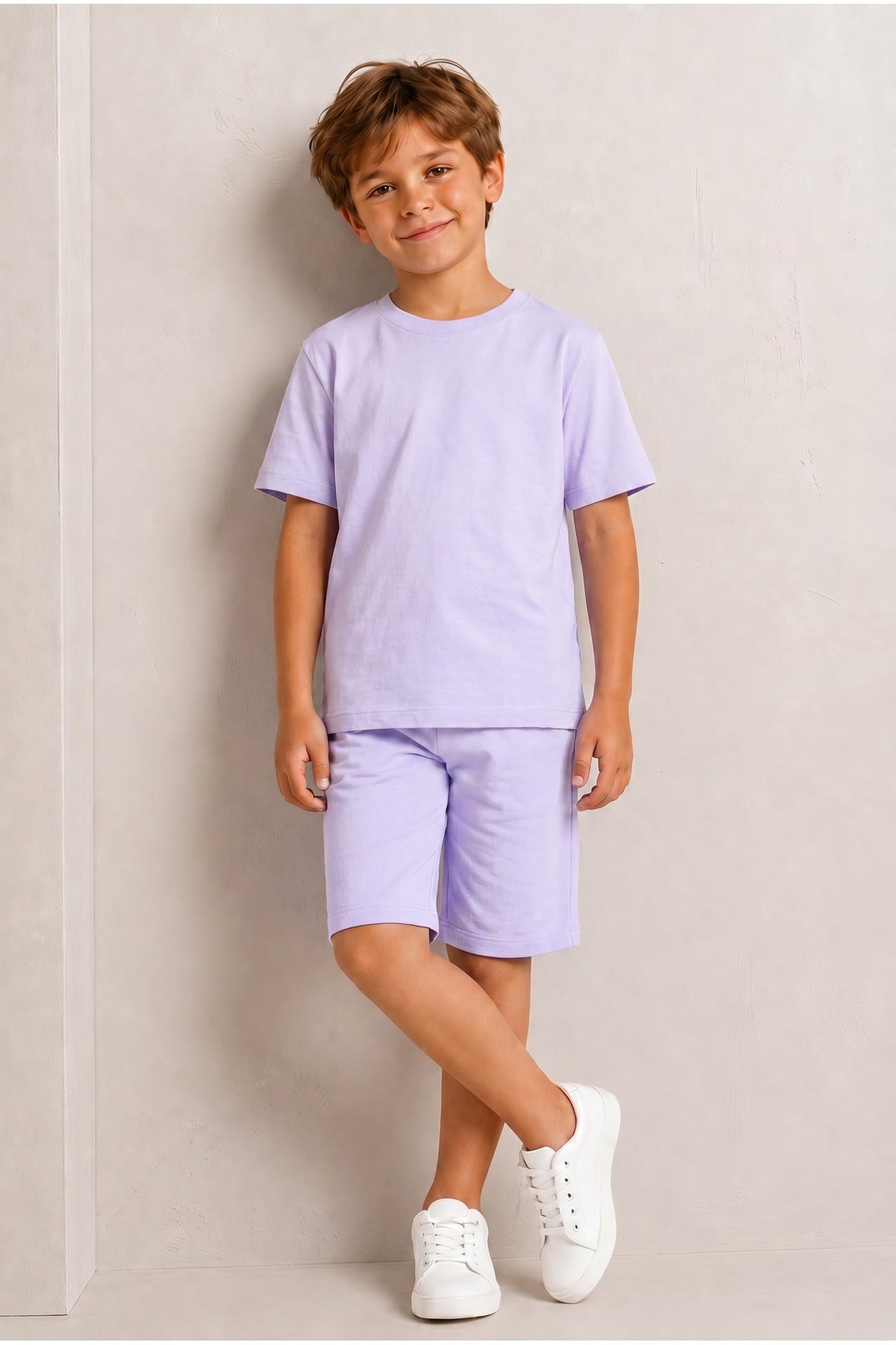 Çocuk Kısa Kollu Baskısız Basic Oversıze Geniş Kalıp Beli Bağlamalı Esnek 1-10 Yaş Arası Yaz Sezonu Sportif T-shirt / Şort Takım - Lila - 6