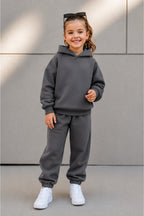 Çocuk Unisex Oversize Süper Yüksek Bel Paçası Lastikli Kapüşonlu Beli Bağlamalı Eşofman Takımı - Füme - 3