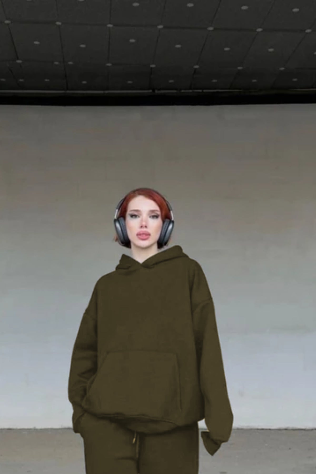 Erkek Baskısız Basiz Düz Kapşonlu Sweatshirt - Haki - 2
