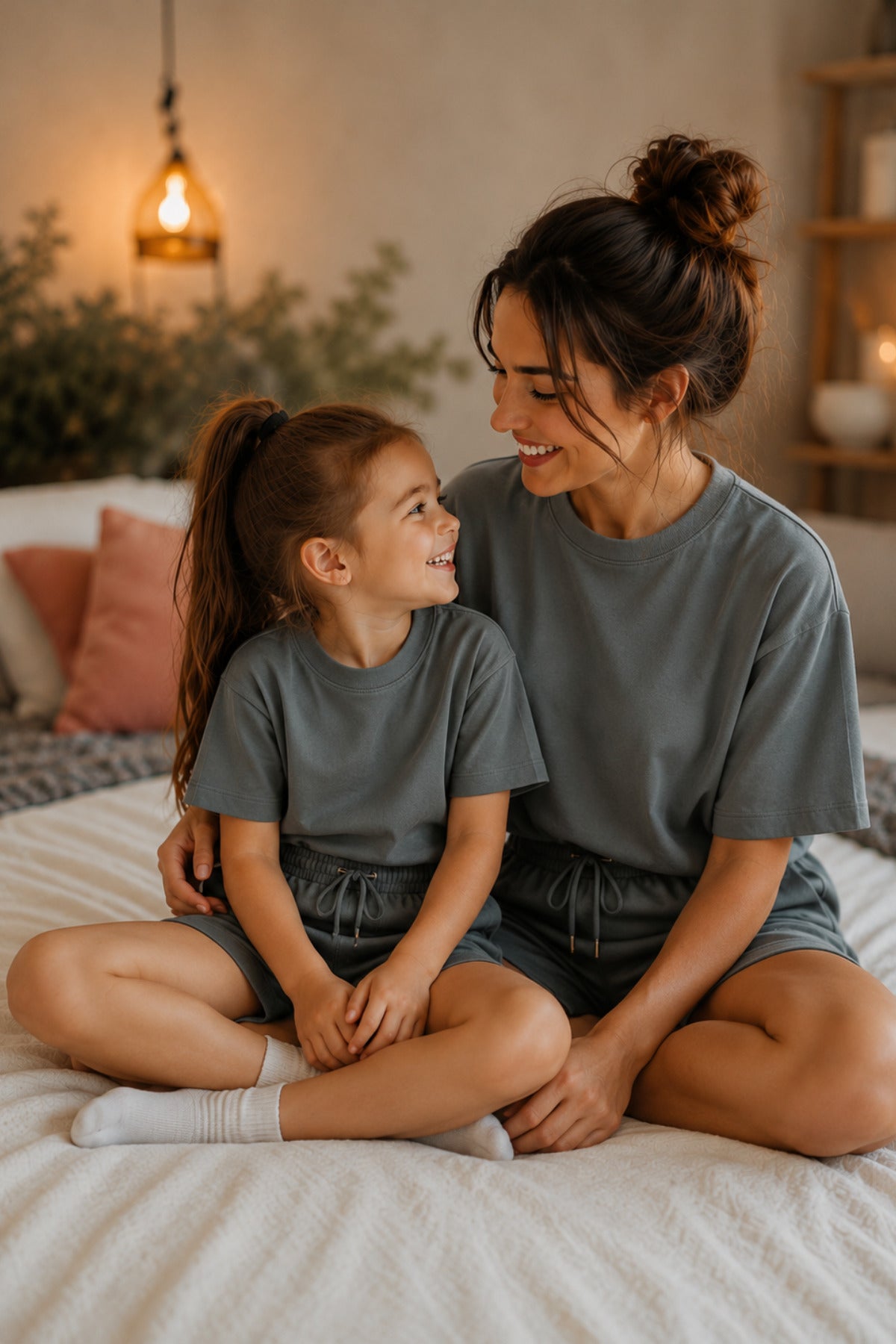 Anne Çocuk Kisa Kollu Oversize Esnek Rahat Beli̇ Bağcikli Modern Kesi̇m Trend Yazlik Günlük Alt Üst Takim - Füme - 4