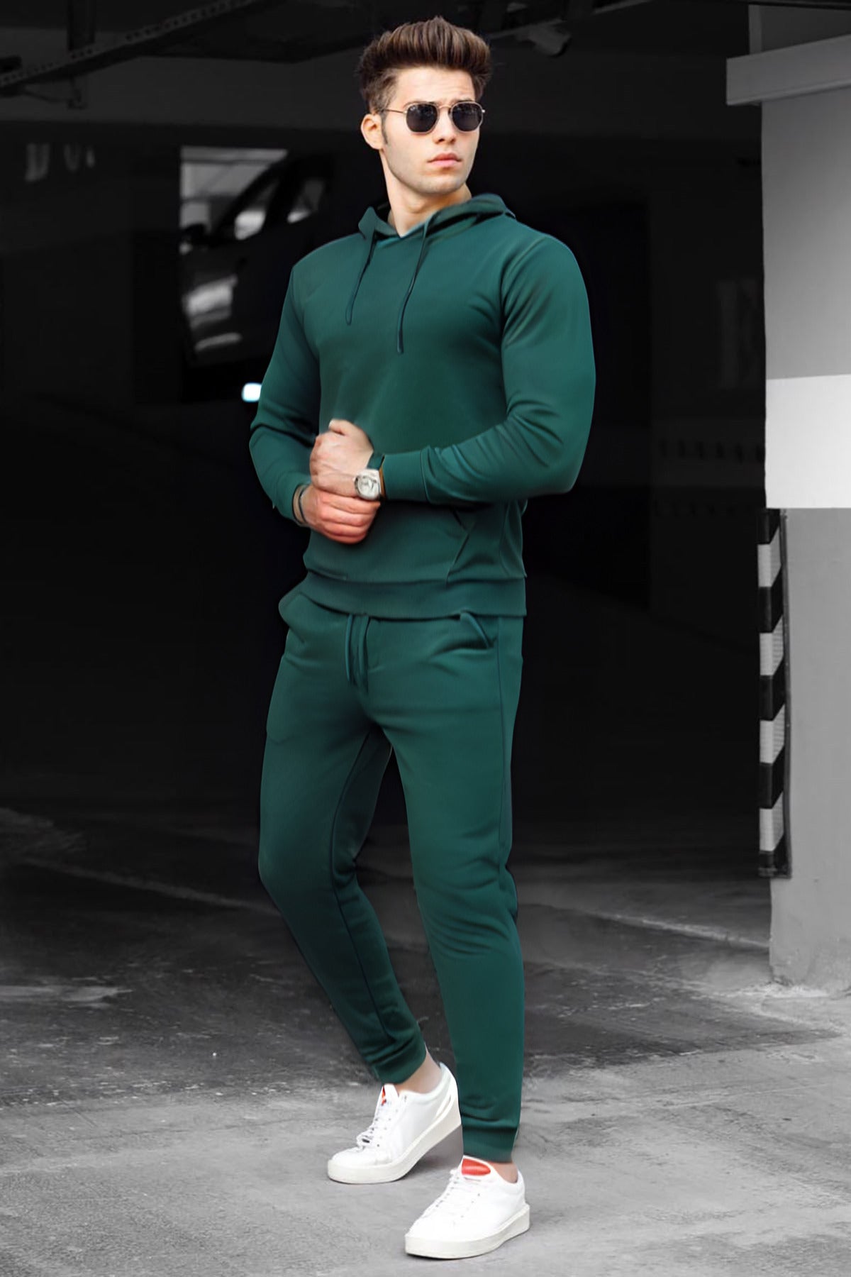 Erkek 3i̇plik Oversize Şardonlu Günlük Eşofman Takımı - Koyu Yeşil - 1